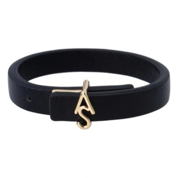 AllSaints Logo Buckle Leather Flex Edgy Bracelet Black Goldtone Logo New - Picture 1 of 3